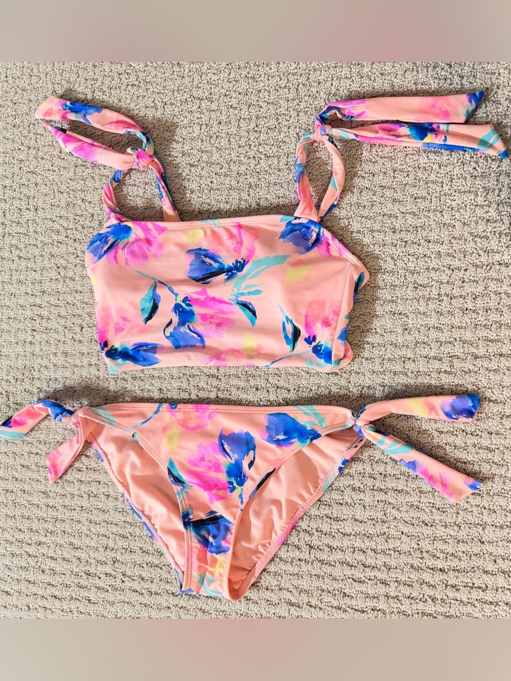 Floral Tie Strap Bikini Set Peach Pink Blue |Size Medium